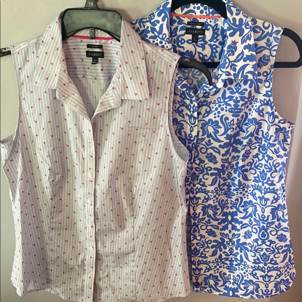 Talbots White Blue Button Down Shirt Fitted Notched Collar
